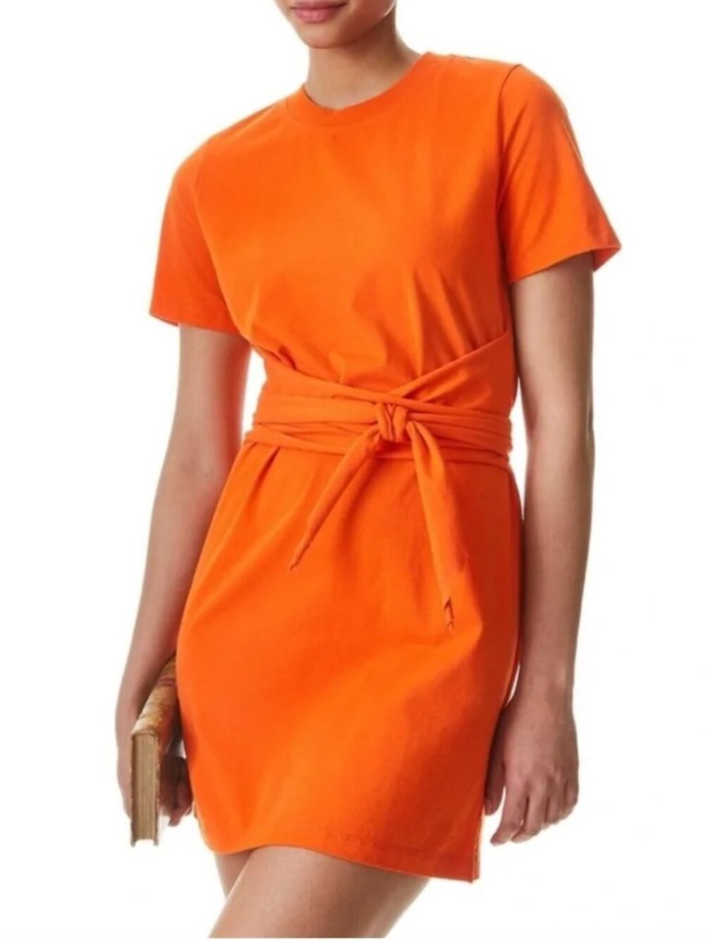 Alice + Olivia Evie Tie Waist Cotton T-Shirt Dress in Sienna Orange Extra Small